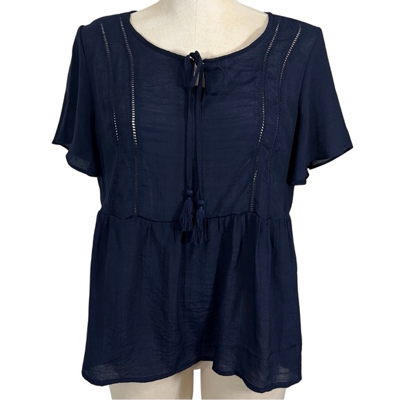 Nanette Lepore Boho Top Pom Fringe Blue Size Medium Baby Doll - Picture 2 of 10